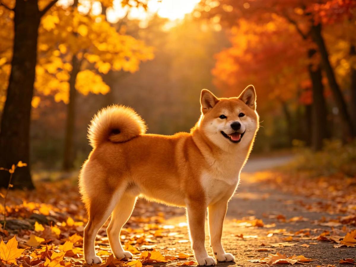 秋天柴犬在树林里图片